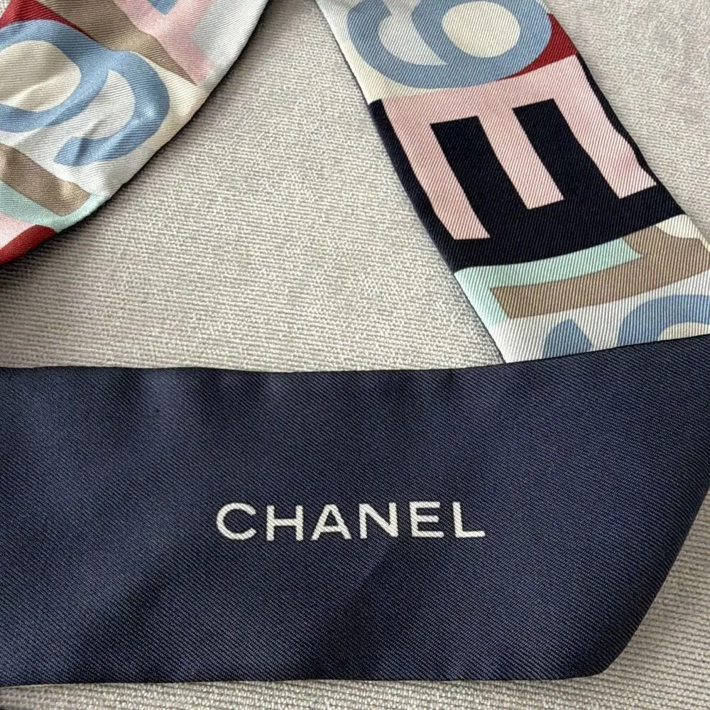 Chanel 100% Silk Slim Bandeau Scarf Navy Blue Pink Letter Print Logo Twilly